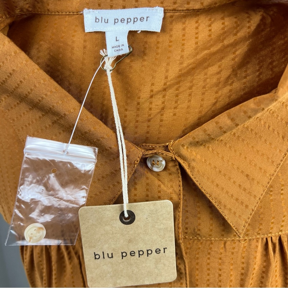 NWT Blu Pepper Mustard Button Front Shirt Large Boho Tie Cuff Long Sleeve Top - Picture 6 of 7